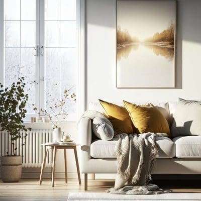 a living room with a white couch and a painting on the wall above the couch is a coffee table with a plant and a potted plant on the floor is next to the couch. .
